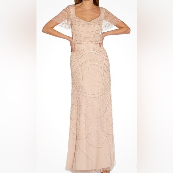 NWT! ADRIANNA PAPELL Shell Beaded Blouson Long Gown. Size 14 - Picture 1 of 6